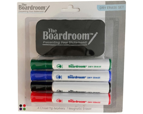 Dry Erase Marker & Eraser Set – Chisel Tip – 4 Colors