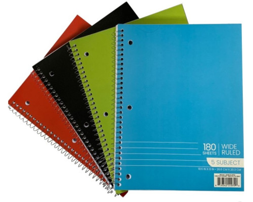 5 Subject Spiral Notebooks – Wide Ruled – 180 Sheets 