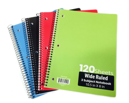 3 Subject Spiral Notebooks – Wide Ruled – 120 Sheets 